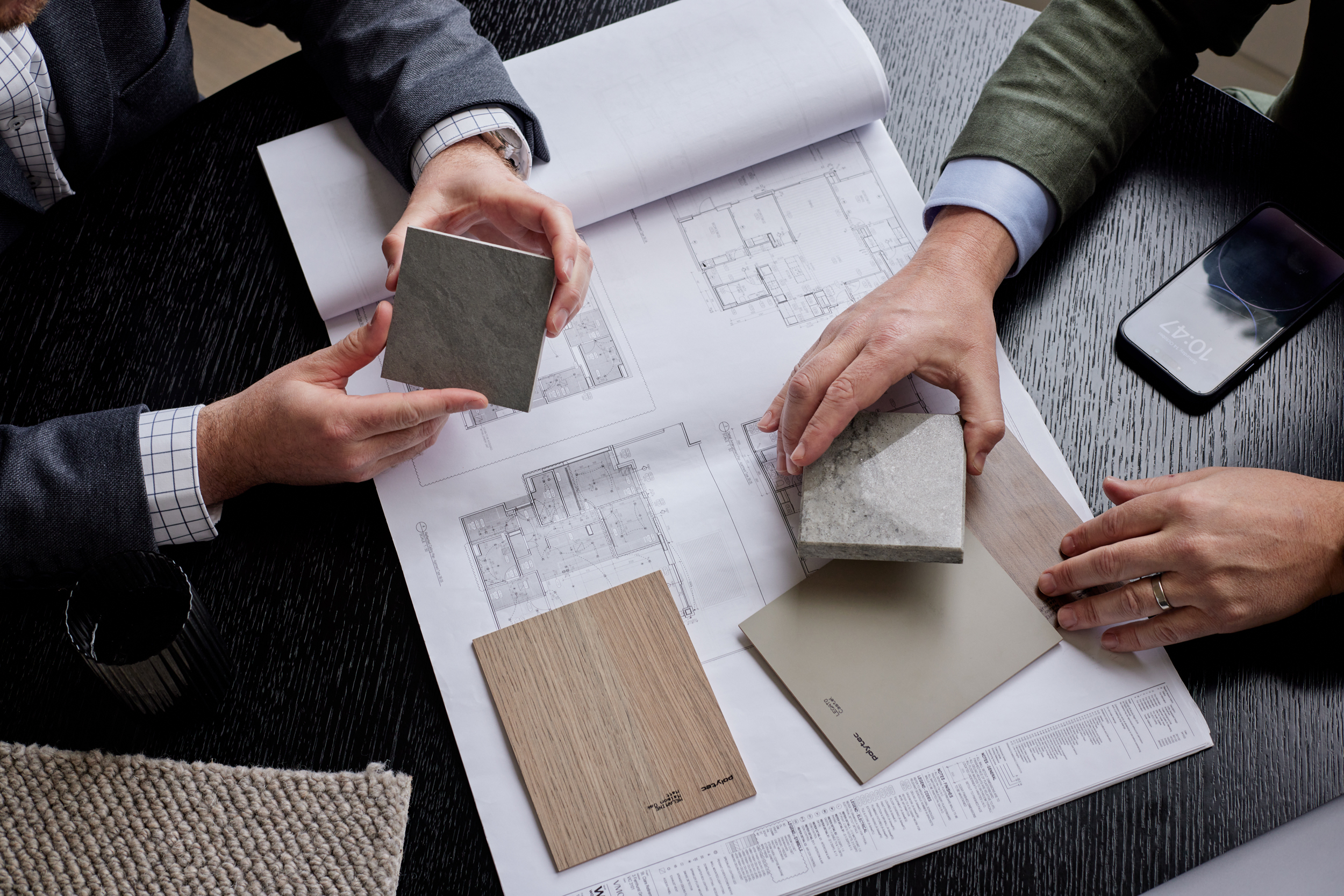Stonebank reviewing material samples and drawings on site